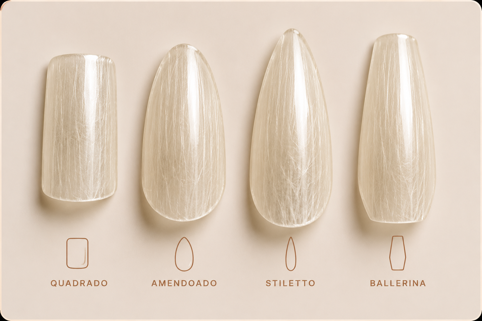 Quatro formatos de fibra de vidro: quadrado, amendoado, stiletto e ballerina